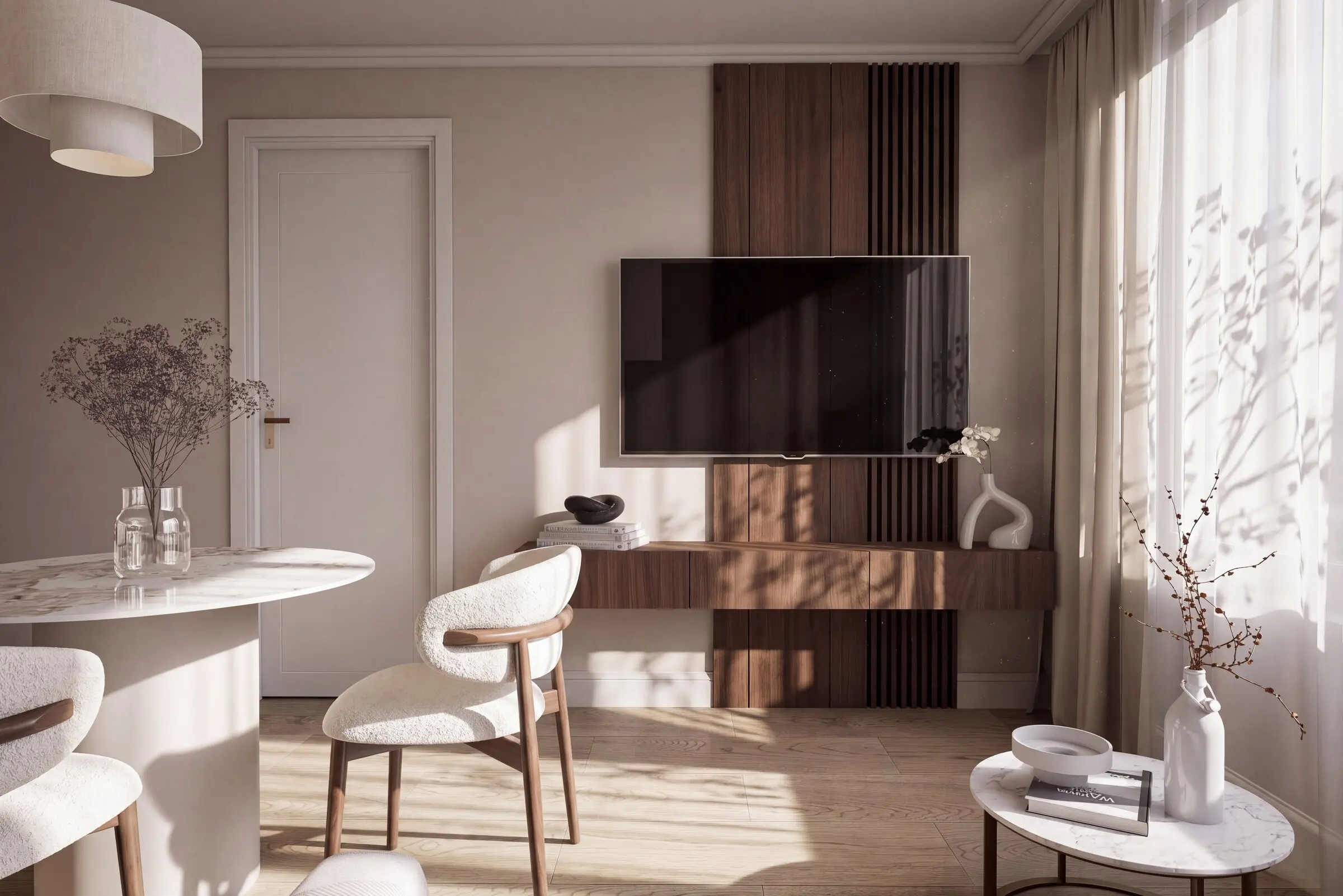 Wykończony salon z jadalnią w mieszkaniu około 50 m²