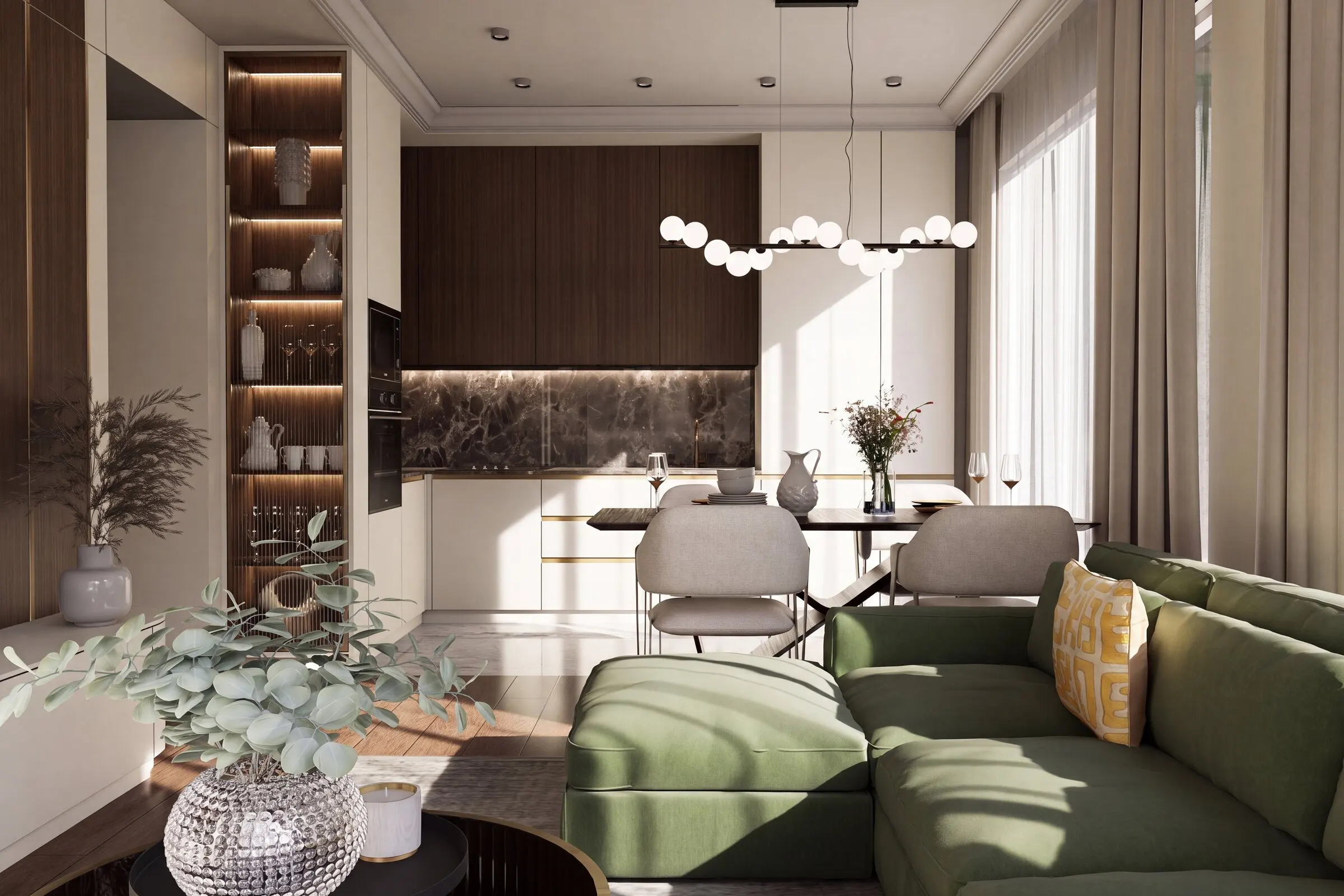 Salon z zieloną sofą i aneksem kuchennym w orzechu, mieszkanie 58 m² na Widzewie w Łodzi